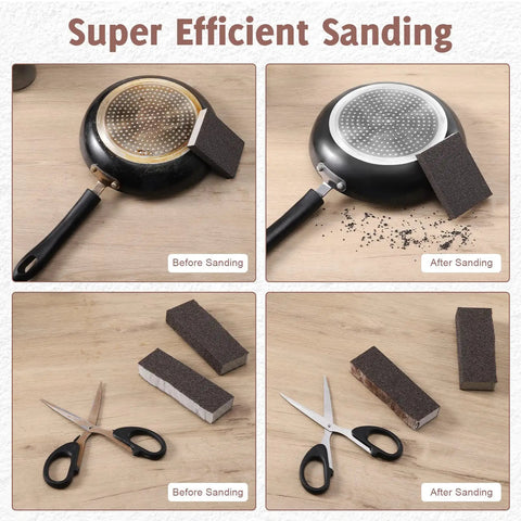 Assorted Grit Sanding Sponge Set For Handy Projects, Flexible Reusable Sanding Blocks in 60 80 120 220 Grits, before and after use on pan and scissors