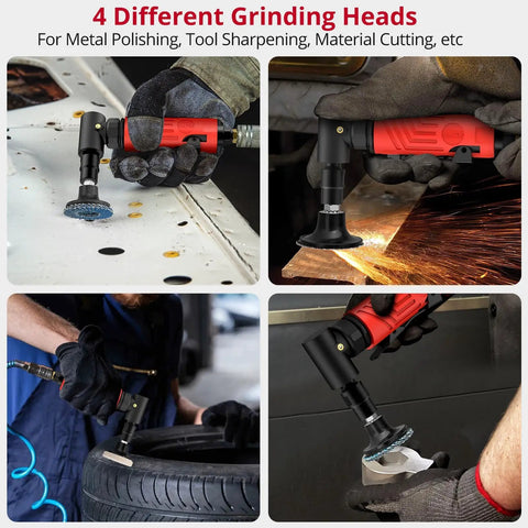 Beefy Power 20000 RPM Right Angle Air Die Grinder with after exhaust, showing different grinding heads for polishing and deburring.