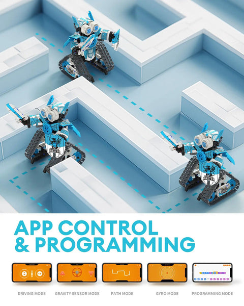 5-In-1 STEM RC Robot Building Kit With 408 Pieces App Control robots navigating maze in app control mode.