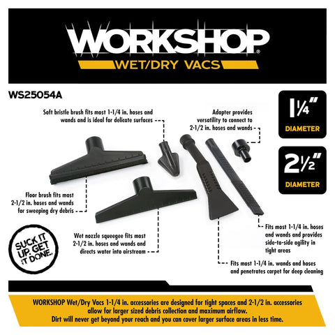 Top Tier Six Piece Wet Dry Vacuum Attachment Kit For 2 Inch And 2 5 Inch Shops with various brush nozzles and adapter for versatile use.