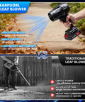 Cordless Leaf Blower With Dual 21V Batteries And Charger Turbo Jet 98000 RPM shown on patio versus traditional blower