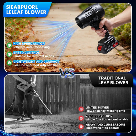 Cordless Leaf Blower With Dual 21V Batteries And Charger Turbo Jet 98000 RPM shown on patio versus traditional blower