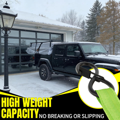 Auto Retractable Ratchet Straps 1 Inch By 12 Foot 1760 Pound Break Strength Four Pack Neon Green Tie Downs securing truck in snow