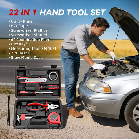 Person using 22-in-1 hand tool set to repair car engine with tools like utility knife, screwdrivers, and pliers visible in open case.