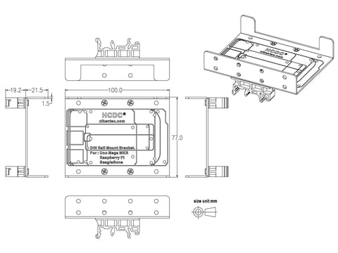 Technical drawing of Din Rail Mount Bracket For Raspberry Pi A Plus B Plus 2B 3B 3B Plus 4B Zero And Arduino Uno Mega Mkr BeagleBone Rack Mount.
