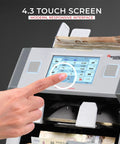 Cassida 9900R V2 Bill Counter Machine With Printer showing a hand using the 4.3 inch touch screen for settings.