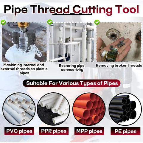 Pipe thread cutting tool for machining threads on PVC, PPR, MPP, and PE pipes for easy DIY plumbing projects.