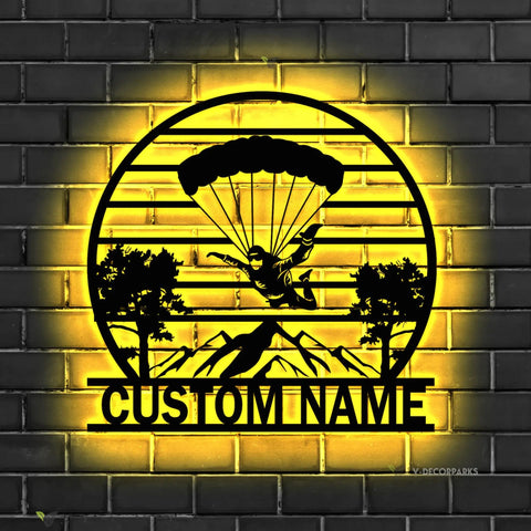 Paragliding Metal Wall Art With LED Lights Custom Name Sign For Home Decor Welcome Sign Parachute Themed Wall Accent Outdoor Friendly Dope Gift Idea 180 Model 03