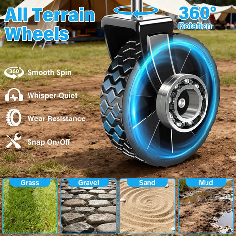 Close-up of all-terrain wheel with 360° rotation, smooth spin, durable design for Foldable Collapsible Wagon Cart With Wheels That Holds Up To 360 Lbs Ready To Roll For Grocery Runs Camping Beach Trips Shopping Garden And Sports Heavy Duty 600D Oxford Fabric With PVC Coating.