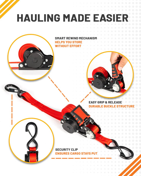 Retractable Ratchet Straps 1 Inch By 12 Feet Heavy Duty Tie Downs With 1800 Lbs Breaking Strength Each S Hooks Safety Clip Auto Retract