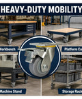 Badass Four Inch Heavy Duty TPR Swivel Casters With Foot Lock Brakes And Reinforced Steel Plates shown on a workbench, platform cart, machine stand, and storage rack.
