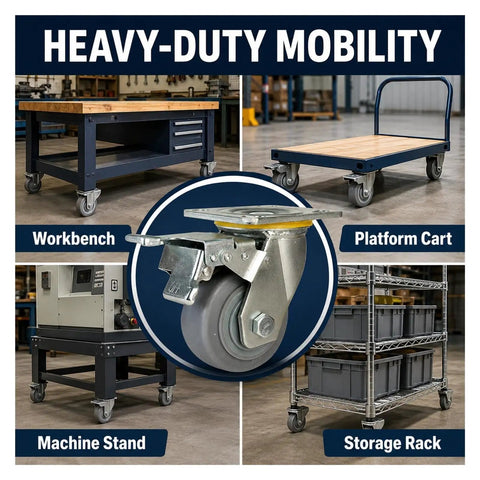 Badass Four Inch Heavy Duty TPR Swivel Casters With Foot Lock Brakes And Reinforced Steel Plates shown on a workbench, platform cart, machine stand, and storage rack.
