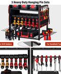 All In One Power Tool Organizer Cart With Charging Station And Wheels For Garage showing drill racks and pegboard hooks