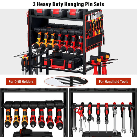 All In One Power Tool Organizer Cart With Charging Station And Wheels For Garage showing drill racks and pegboard hooks