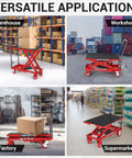 Red hydraulic lift table cart with scissor lift and non-slip pad; 500 lb capacity, 28.5 in lift height