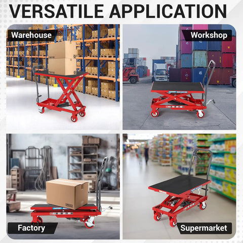 Red hydraulic lift table cart with scissor lift and non-slip pad; 500 lb capacity, 28.5 in lift height