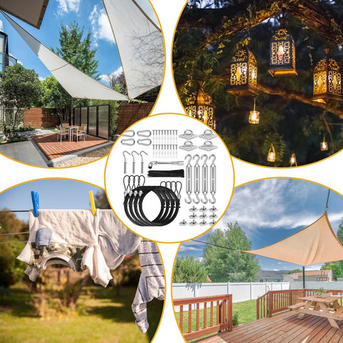 4 Pack 10ft Sun Shade Sail Hardware Kit With 304 Stainless Steel Cable Nylon Coated Ropes Turnbuckles showcasing installation examples