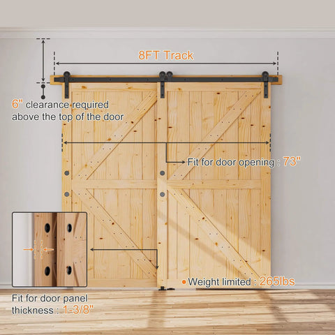 Image of Double Sliding Barn Doors 42 Inch By 84 Inch With 8 Ft Single Track Bypass Hardware Kit Unfinished Spruce Wood.