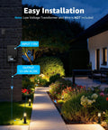 Low Voltage Landscape Lighting Kit With Eight Path Lights And Four Spotlights illuminating garden path; transformer shown.