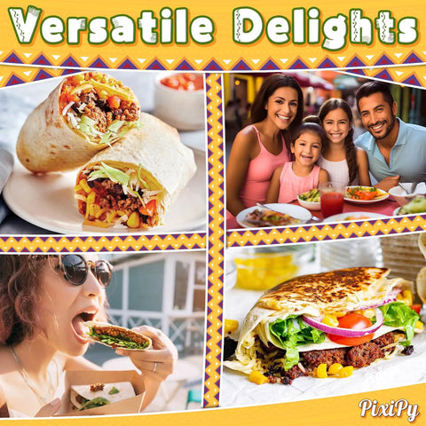 Collage of tortillas and tacos enjoyed at a family meal, with the text 'Versatile Delights' displayed prominently.