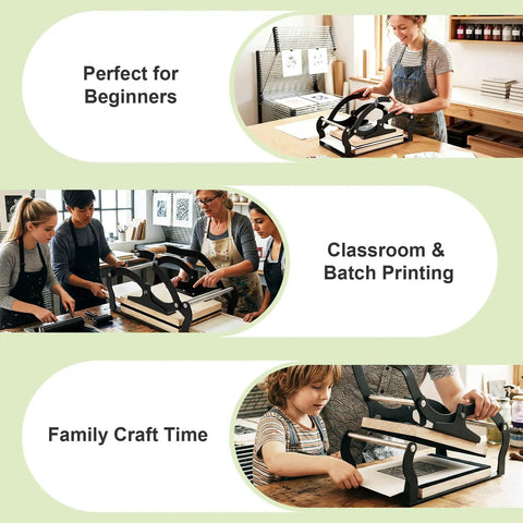 A4 Manual Lever Linocut Printing Press For 25mm Thick Blocks Even Pressure Across Large Formats in use by artists and families.