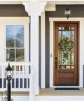 Front porch with Three Light Outdoor Post Lantern in Textured Black and Clear Beveled Glass Panels, 21 Inch Tall, UL Wet Rated classic fixture.