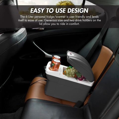 Compact 6 Quart Thermoelectric Cooler And Warmer For Car Rv And Truck, portable mini fridge with snacks and drinks, easy use design.