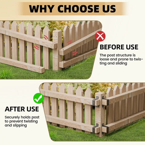Comparison of fence stability before and after using Beefy 4x4 Fence Post Brackets Set For Decks And Gazebos, 2mm Thick Steel Mounting Ties.