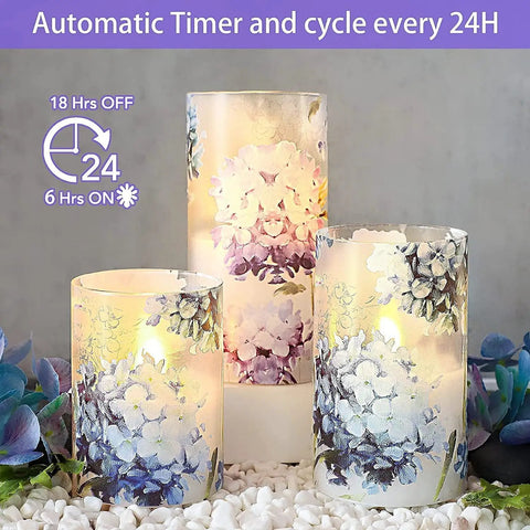Blue Violet Hydrangea Flameless Candles Set With LED Flicker And Remote Dim, Battery Operated Wax Candles For Romantic Dinner Date Night
