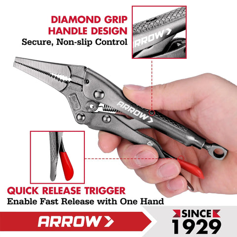 6.5 Inch Needle Nose Locking Pliers With CR-MO Jaw, Long Narrow Nose, Diamond Grip Handle, Quick Release Trigger in hand