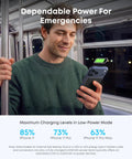 Man in green sweater using a smartphone with the Slick Ultra Slim Magnetic Power Bank Featuring 5000mAh Capacity.