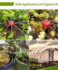 Collage showing 100 pcs adjustable drip emitters for 1/4 inch tubing in garden, on flowers, pots, and greenhouse setup.