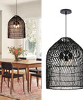 Arturesthome 3-Light Rattan Woven Bell Pendant Light for Dining Room Black in a modern dining setting, showcasing open weave design.