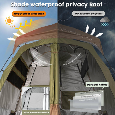 Portable Camping Shower Tent Deluxe Privacy Shelter With Two Rooms And Floor Drain Pop Up demonstrating UV protection and waterproof roof