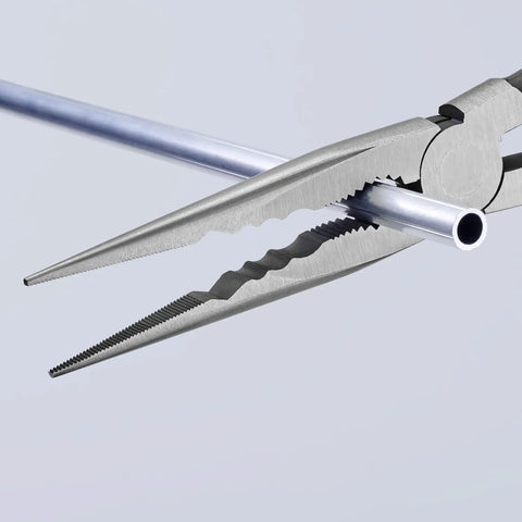 Extra Long 11 Inch Needle Nose Pliers gripping small pipe for auto and mechanical work in tight spaces