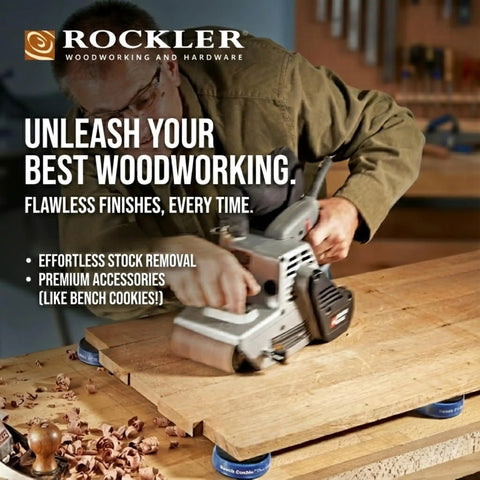 Woodworker using a sander on a wooden panel supported by Bench Cookie Plus Work Grippers 4 Pack Clamp Free Work Support.