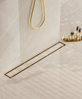 Gold 28 Inch Linear Shower Drain With 2 In 1 Flat And Tile Insert Cover Stainless Steel Brushed Brass Rectangle Shower Floor Drain installed