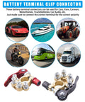4 Way Battery Terminal Clamp Connectors Kit with quick release car battery terminals, shown with various vehicle types in the background.