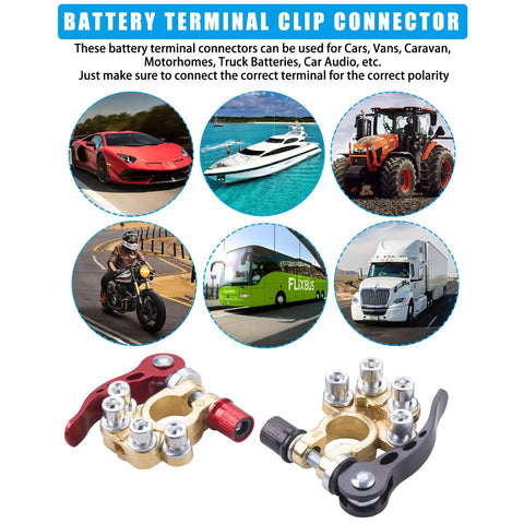 4 Way Battery Terminal Clamp Connectors Kit with quick release car battery terminals, shown with various vehicle types in the background.