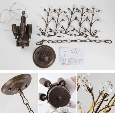 5 Light Branches Crystal Chandelier Vintage Style Ceiling Light Flush Mount assembly parts and details with aged bronze finish.