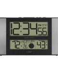 Front view of Atomic Clock With Outdoor Temperature Sensor Wireless Indoor Outdoor Weather Station Real Time Temperature Readouts 330 Feet Transmission Range Auto DST Time Sync No Fuss Gray And Black showing time and temperature.