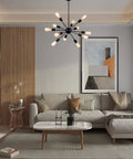 Living room with Sputnik 12-Light Black Chandelier for Living Room and Dining Area, modern farmhouse style.