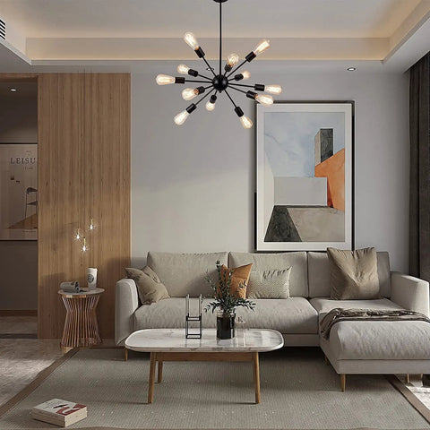 Living room with Sputnik 12-Light Black Chandelier for Living Room and Dining Area, modern farmhouse style.