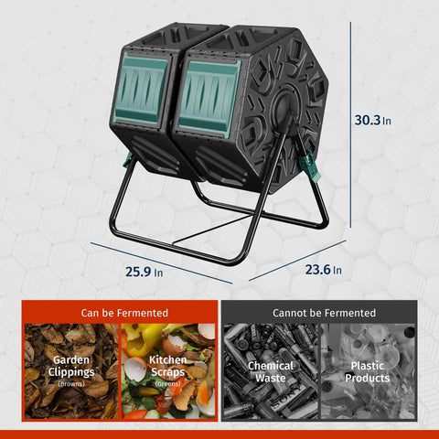 Dual Chamber Outdoor Compost Tumbler Two By Eighteen And A Half Gallon Rotating Bin With Aeration And Locking System with size details