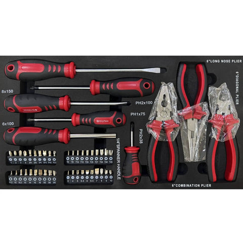 Durable Three-Drawer Metal Tool Box And Portable Tool Chest Organizer with assorted screwdrivers, pliers, and bits in foam liner.