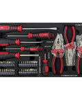 All-In-One 439 Piece Mechanics Tool Set in Heavy-Duty 3 Drawer Metal Case, screwdrivers and pliers arranged in foam organizer