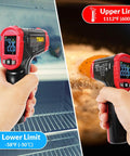 Non Contact Infrared Thermometer Gun For Cooking And Grilling, Digital Infrared Temp Reader For Candy, Food, Pizza Oven, Grill And Engine, Temperature Gun With 12 To 1 Distance To Spot, Backlit Display, Auto Off, Low Battery Alert Range -58F To 1112F, red and black hand-held