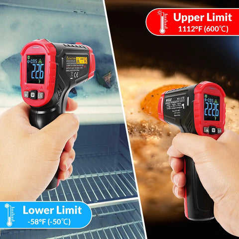 Non Contact Infrared Thermometer Gun For Cooking And Grilling, Digital Infrared Temp Reader For Candy, Food, Pizza Oven, Grill And Engine, Temperature Gun With 12 To 1 Distance To Spot, Backlit Display, Auto Off, Low Battery Alert Range -58F To 1112F, red and black hand-held