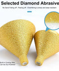 Slick Diamond Beveling Chamfer Bits For Angle Grinders And Electric Drills With Built In Cooling Wax For Dry Tile Ceramic Countersinking two golden diamond bits with textured surfaces.