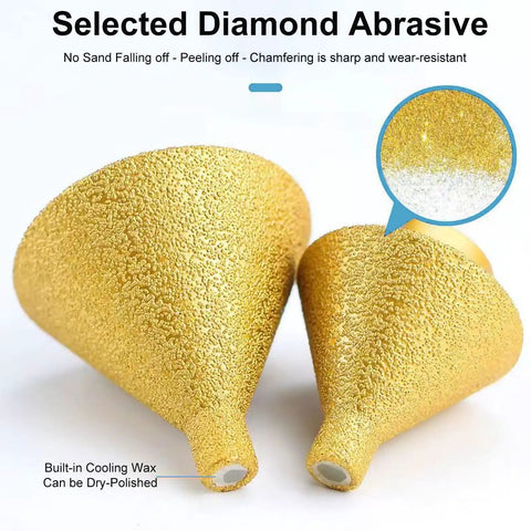 Slick Diamond Beveling Chamfer Bits For Angle Grinders And Electric Drills With Built In Cooling Wax For Dry Tile Ceramic Countersinking two golden diamond bits with textured surfaces.